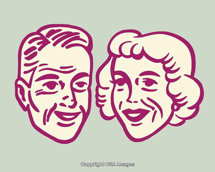 Retro Line Art Illustration of a Smiling Man and Woman