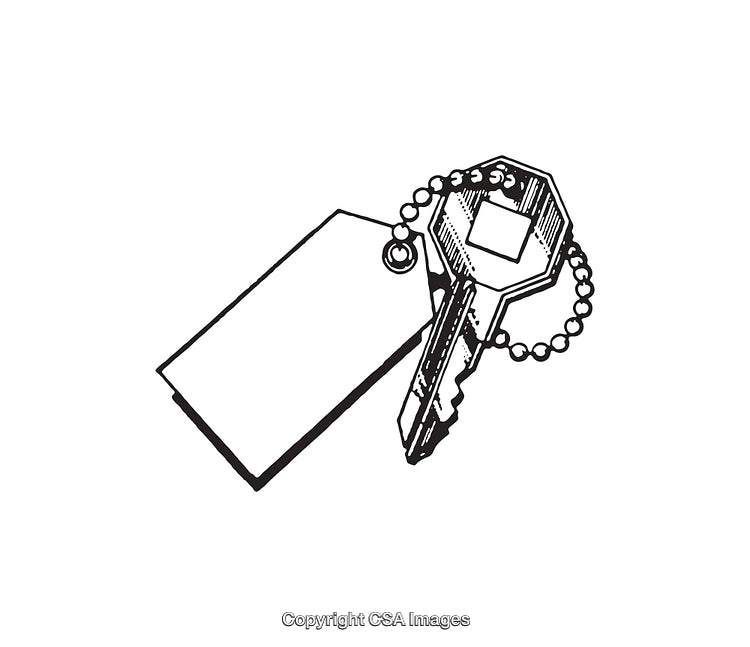 Black and White Line Art Illustration of a Key with a Tag
