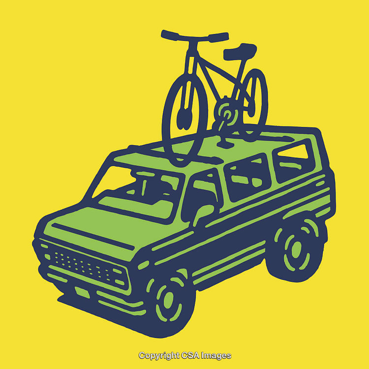 Minimalistic Illustration of a Car with Bicycle on Roof, Yellow Background