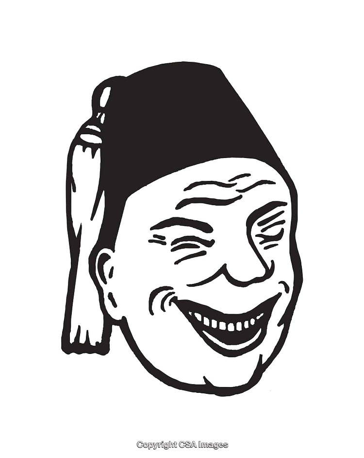 Vintage Black and White Smiling Character Wearing Fez Illustration