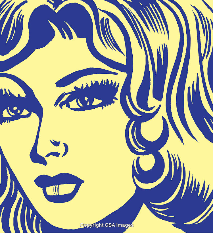 Stylized Pop Art Illustration of a Woman's Face in Blue and Yellow