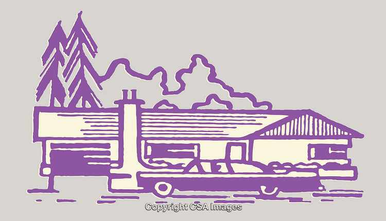 Retro-Style Color Line Art Illustration of a House With Trees