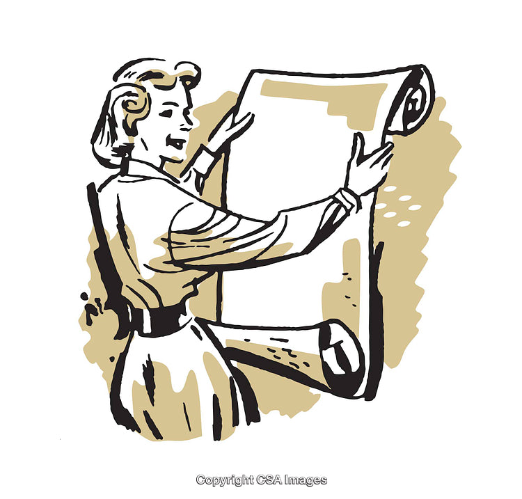 Vintage Illustration of a Woman Holding a Large Scroll of Paper