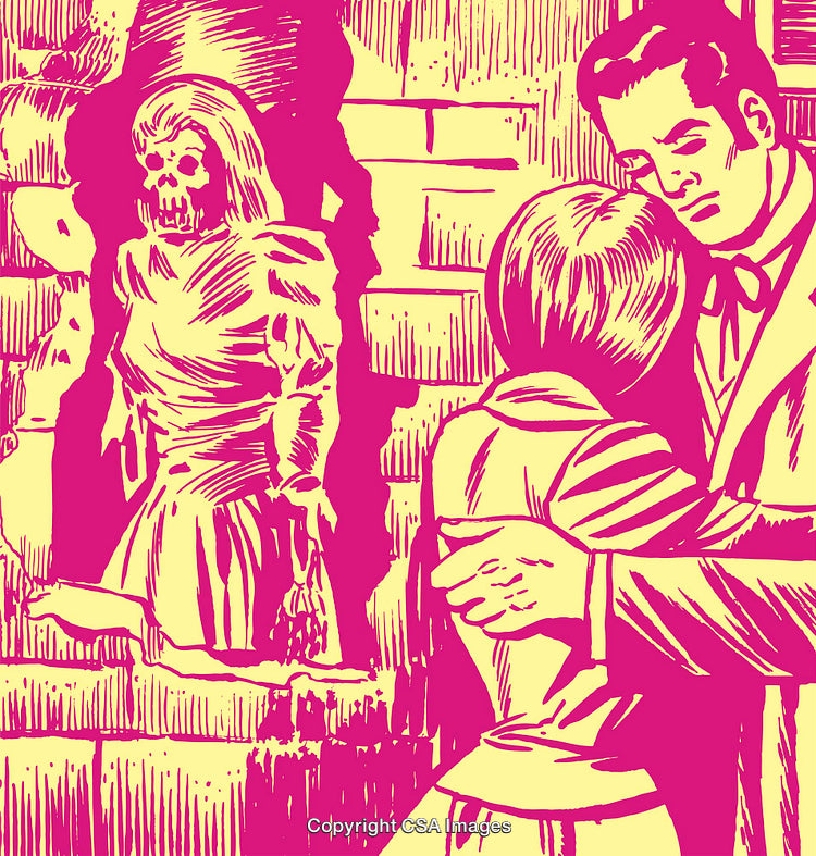 Retro Horror Scene With Couple and a Skeleton in a Haunted Setting