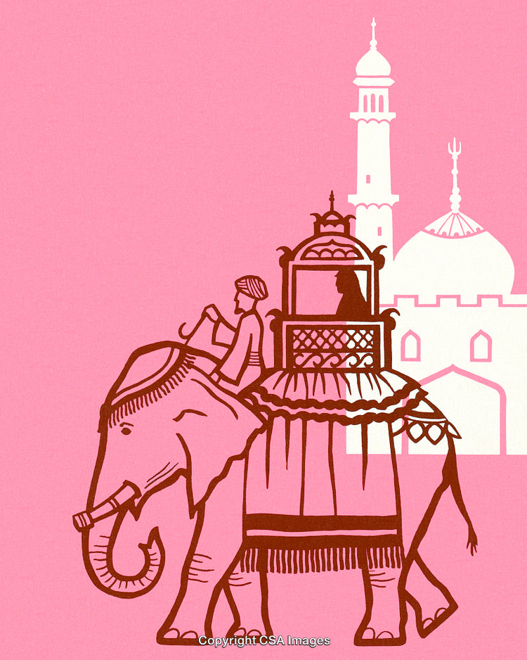 Traditional Illustration Featuring Elephant, Rider, and Dome Architecture on Pink Background