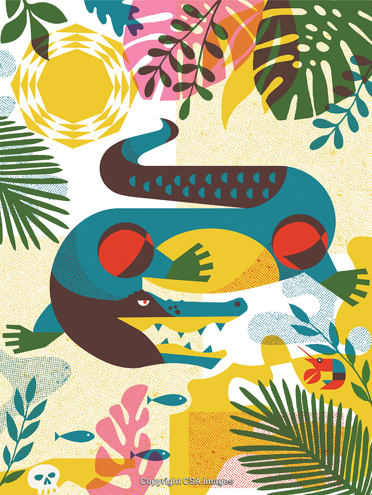 Colorful Abstract Illustration of a Crocodile in a Jungle Environment