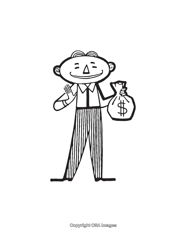 Smiling Character Holding Money Bag in Black and White Line Art