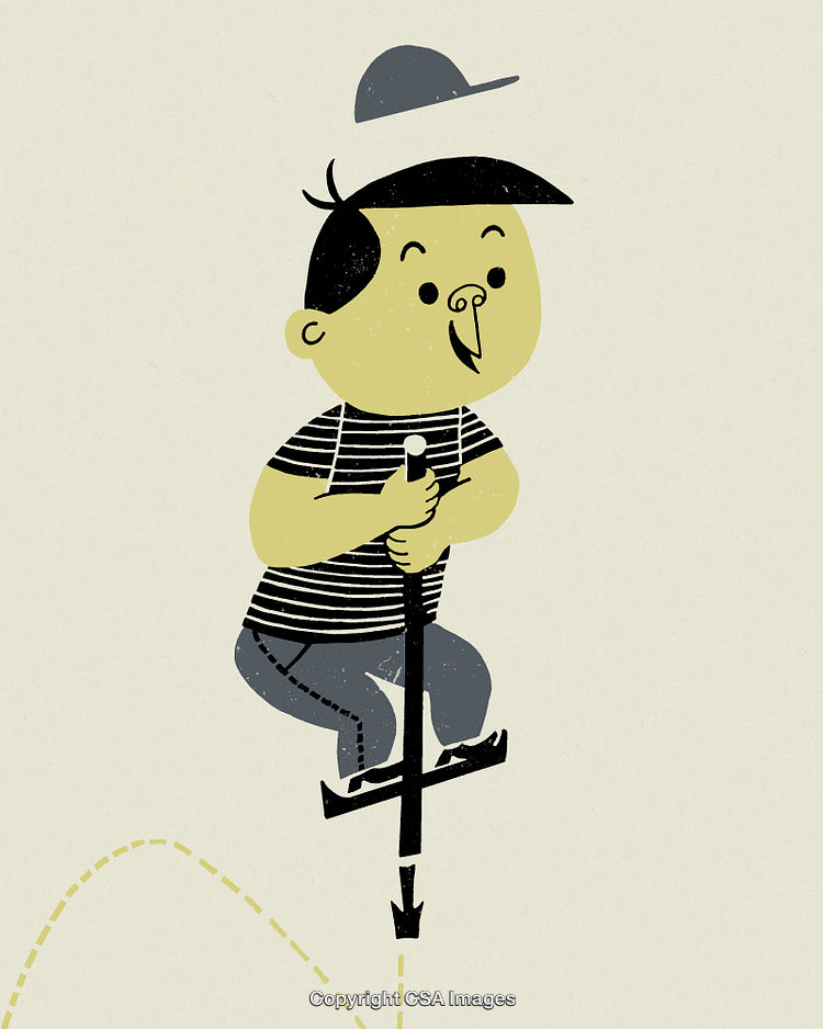 Retro Illustration of a Boy Jumping Happily on a Pogo Stick