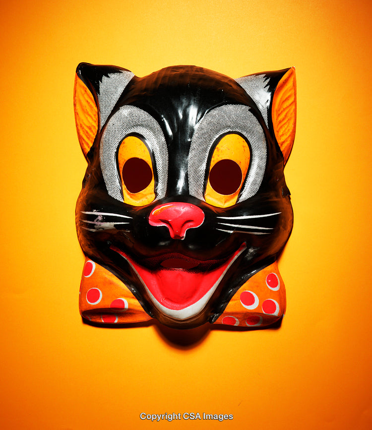 Vintage Cat Mask on Bright Orange Background with Bold Red and Yellow Details
