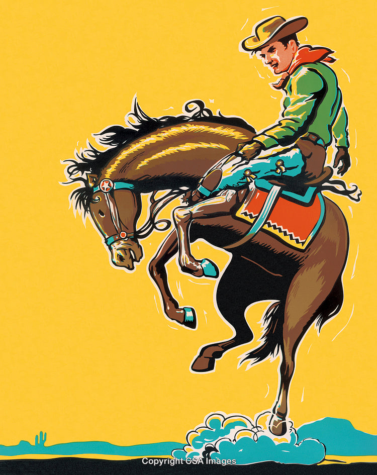 Dynamic Cowboy Riding a Wild Horse Against a Vibrant Yellow Background