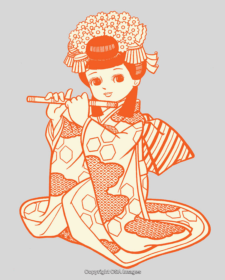 Colorful Traditional Illustration of a Woman Playing a Flute in Elegant Attire