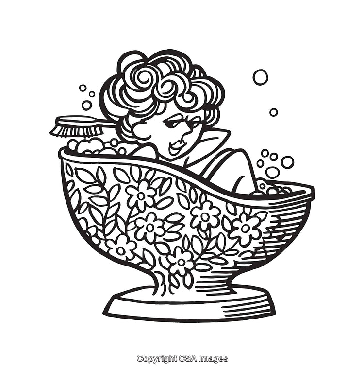 Charming Line Art Illustration of Woman Enjoying a Relaxing Flower Bathtub