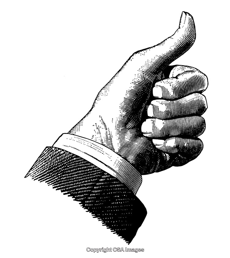 Detailed Engraving of a Thumb Up Hand Gesture in Black and White