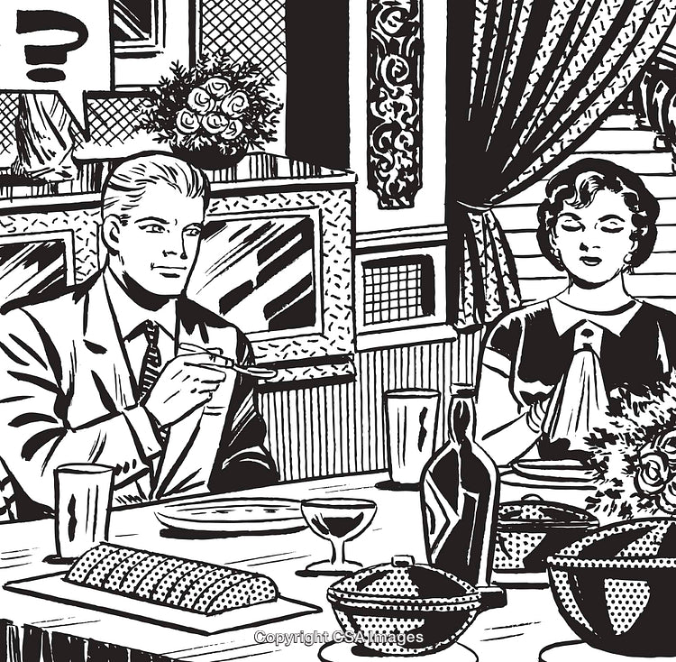 Elegant Retro Couple Dining in Vintage Style Black and White Illustration