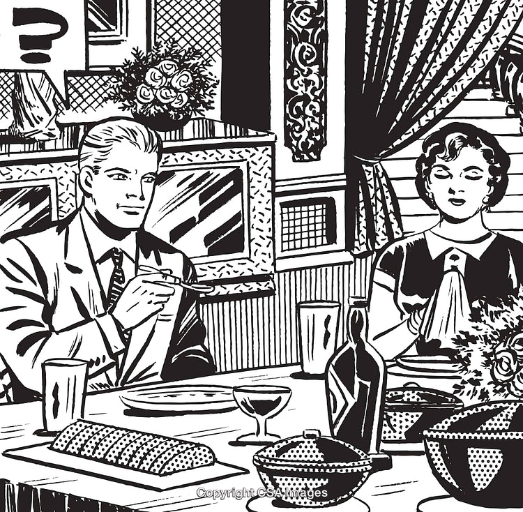 Elegant Retro Couple Dining in Vintage Style Black and White Illustration