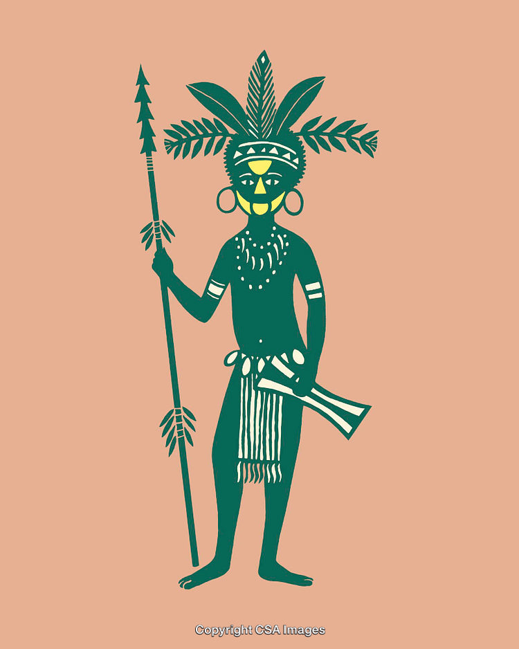 Ethnic Tribal Illustration Featuring Decorated Warrior Holding Spear and Traditional Attire