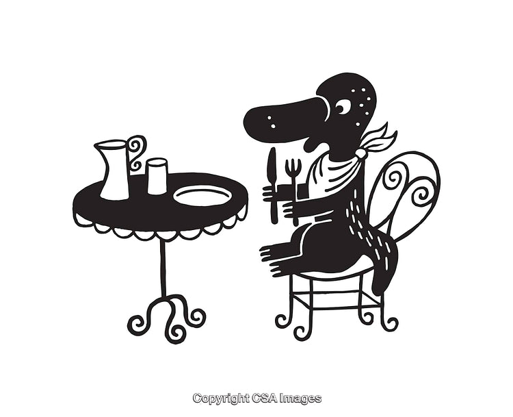 Whimsical Black and White Line Drawing of a Dining Creature