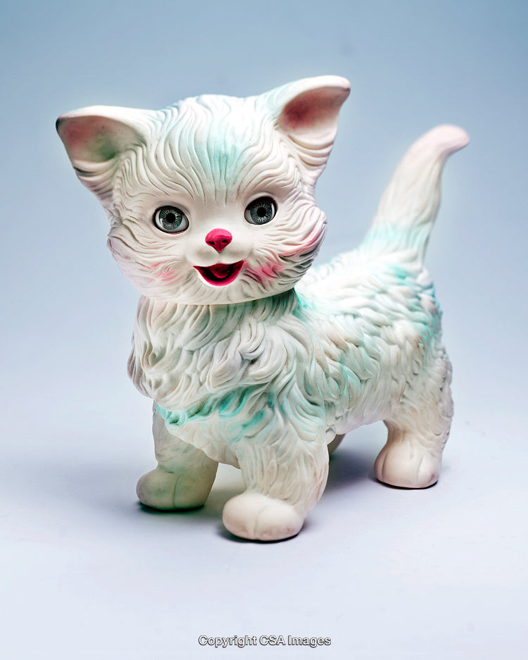 Ceramic-Like Cat Figurine With Cute Features and Detailed Carving