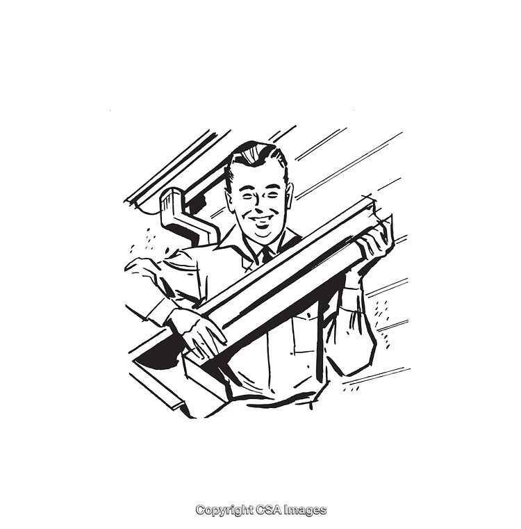 Black and White Line Art of a Man Carrying a Large Item Smiling