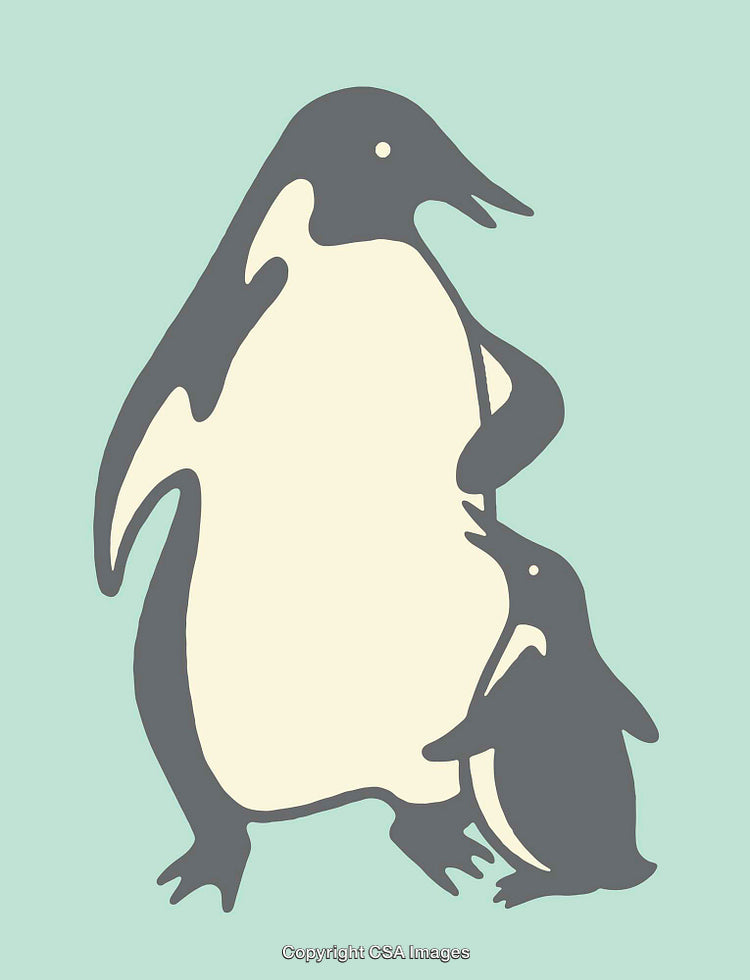 Stylized Illustration of Penguin Parent and Chick on Light Background