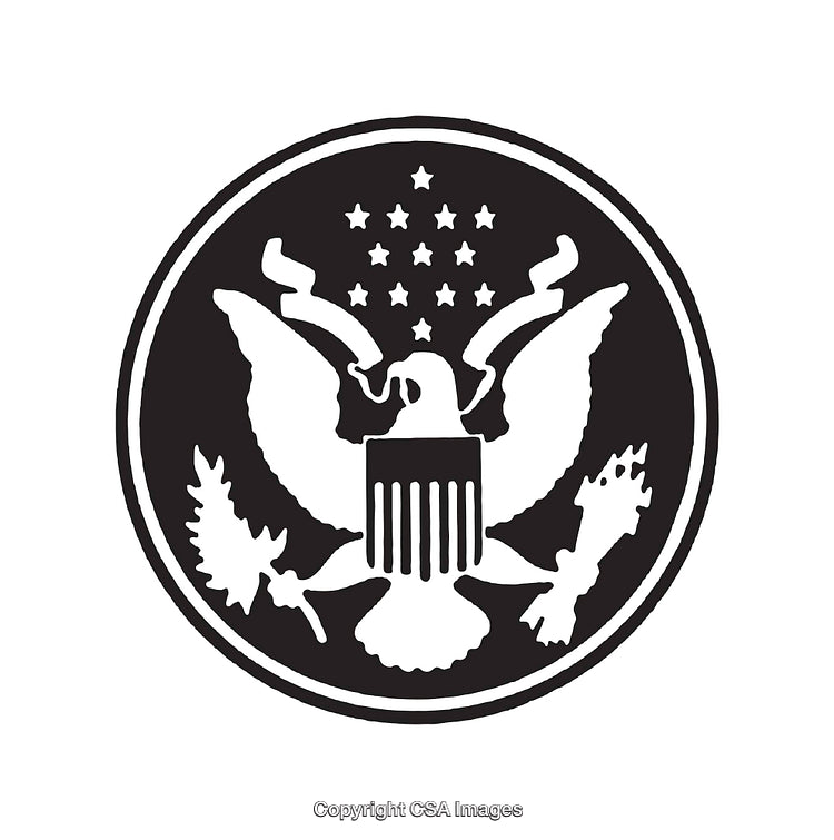 Black and White Illustration of an Eagle Emblem with Stars and Shield