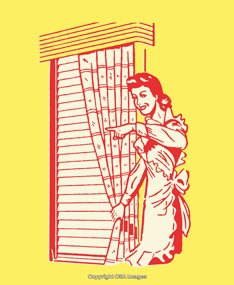 Retro Woman Adjusting Curtains in Yellow and Red Line Art Illustration