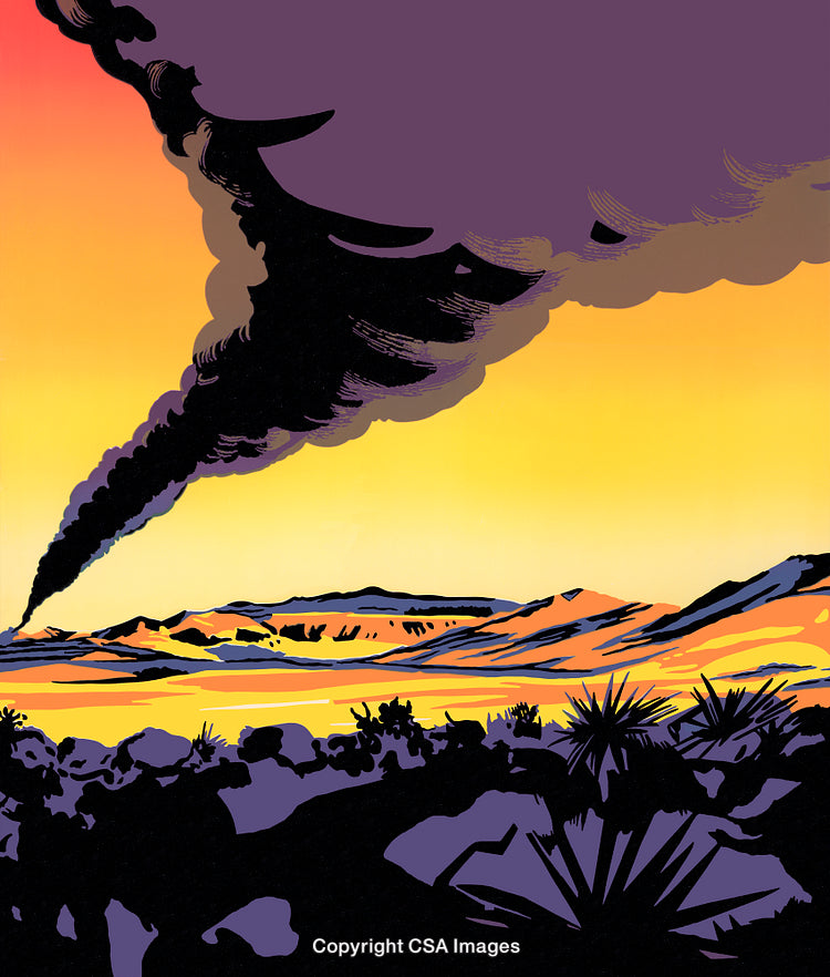 Dramatic Desert Landscape With Rising Smoke Under a Vivid Yellow Sky