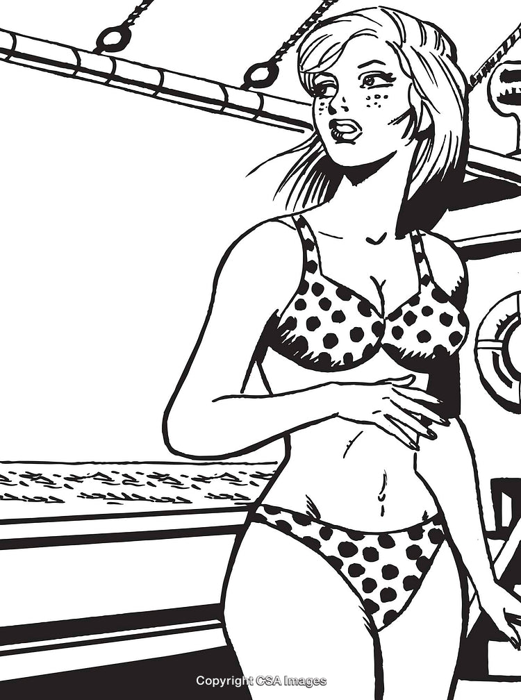 Retro Comic Style Artwork of a Woman in Polka Dot Bikini Design
