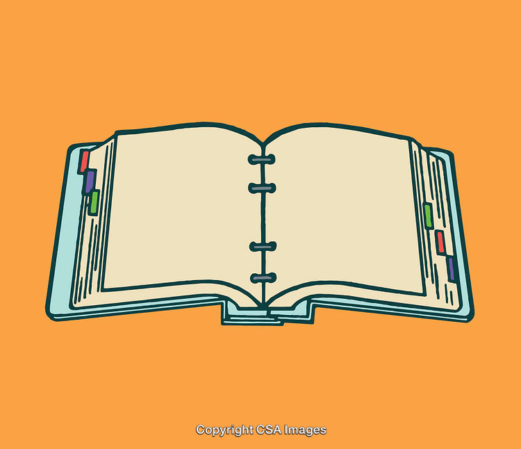 Open Notebook Illustration Featuring Colorful Tab Markers on Orange Background