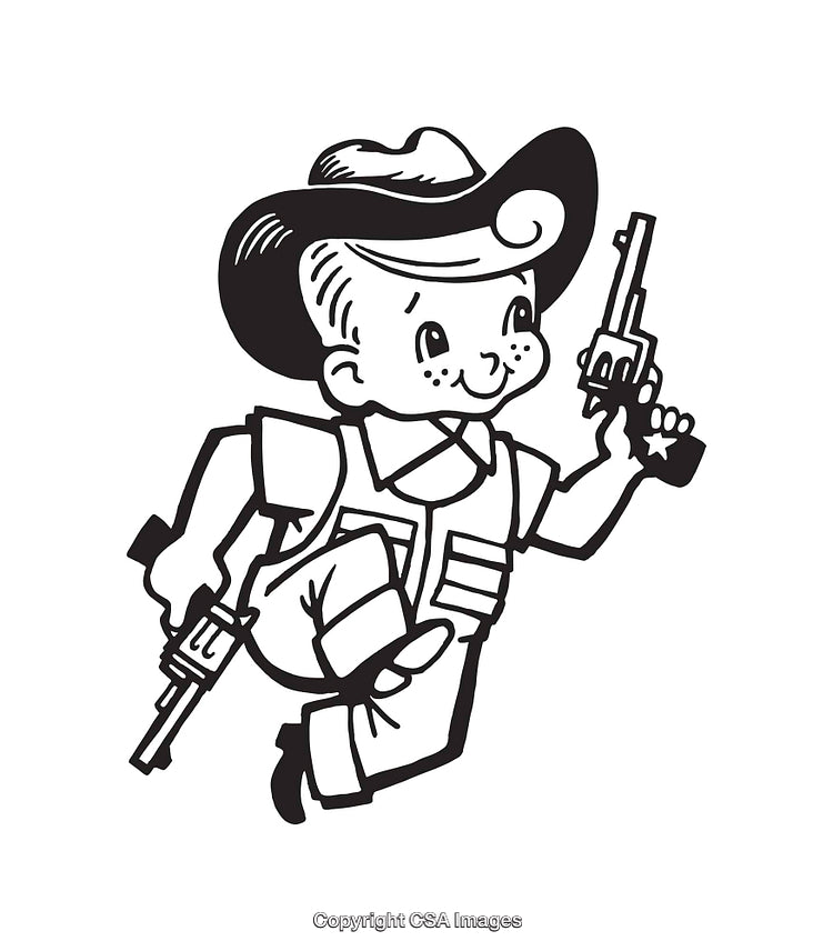 Retro Cowboy Kid Line Art Illustration with Guns