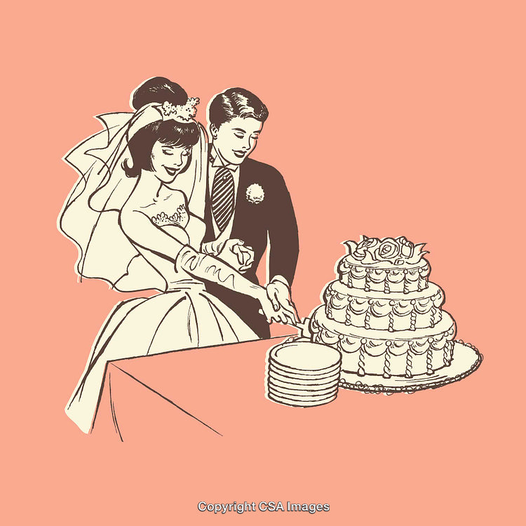 Elegant Illustration of a Bride and Groom Cutting a Wedding Cake