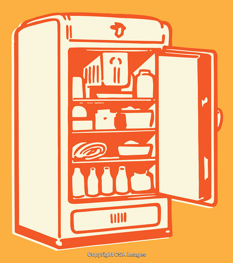 Retro Refrigerator Illustration Featuring Contents in Vibrant Line Art Style
