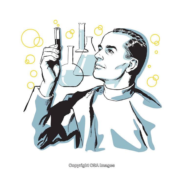 Retro Illustration of Scientist Examining Test Tube with Glassware