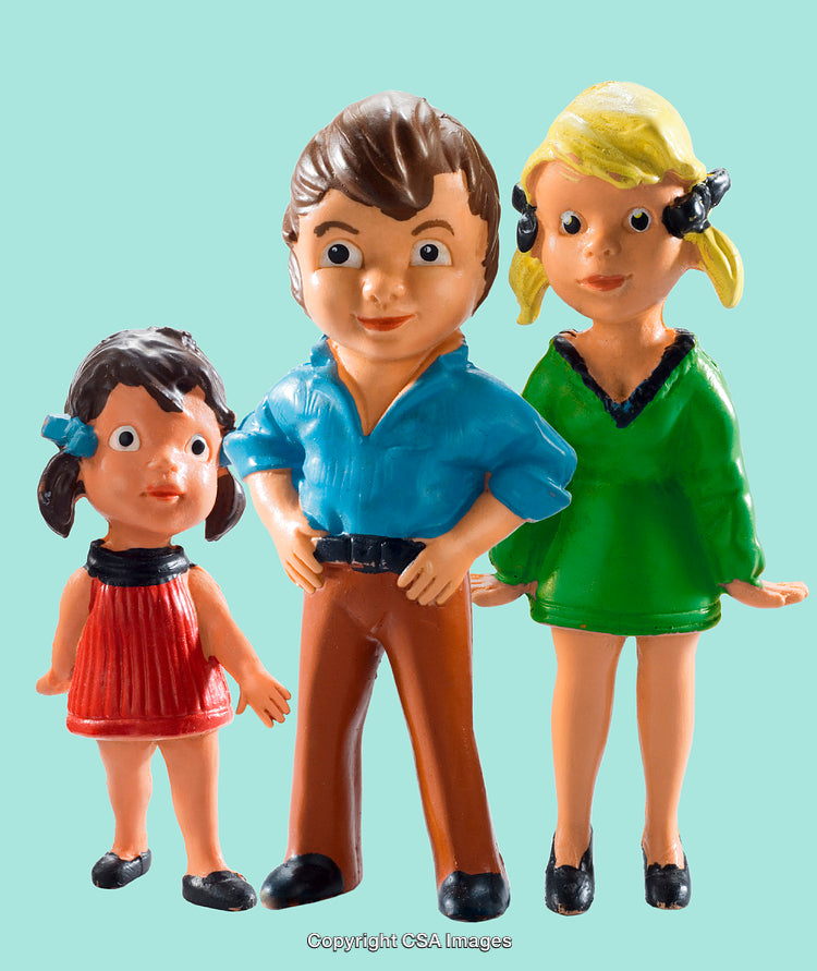 Vintage Plastic Figurines Representing a Family of Three on Blue Background
