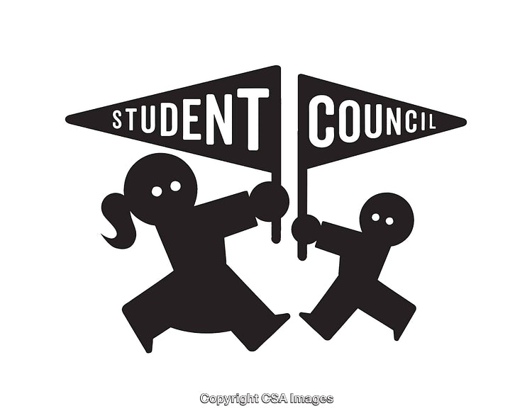 Black and White Student Council Design Illustration with Figures and Banners
