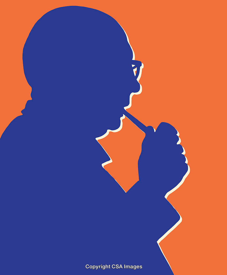 Blue Silhouette of a Person Smoking Against Orange Background
