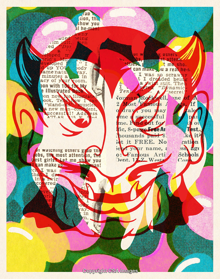 Vibrant Abstract Illustration Featuring Devilish Face and Collage Aesthetic Elements