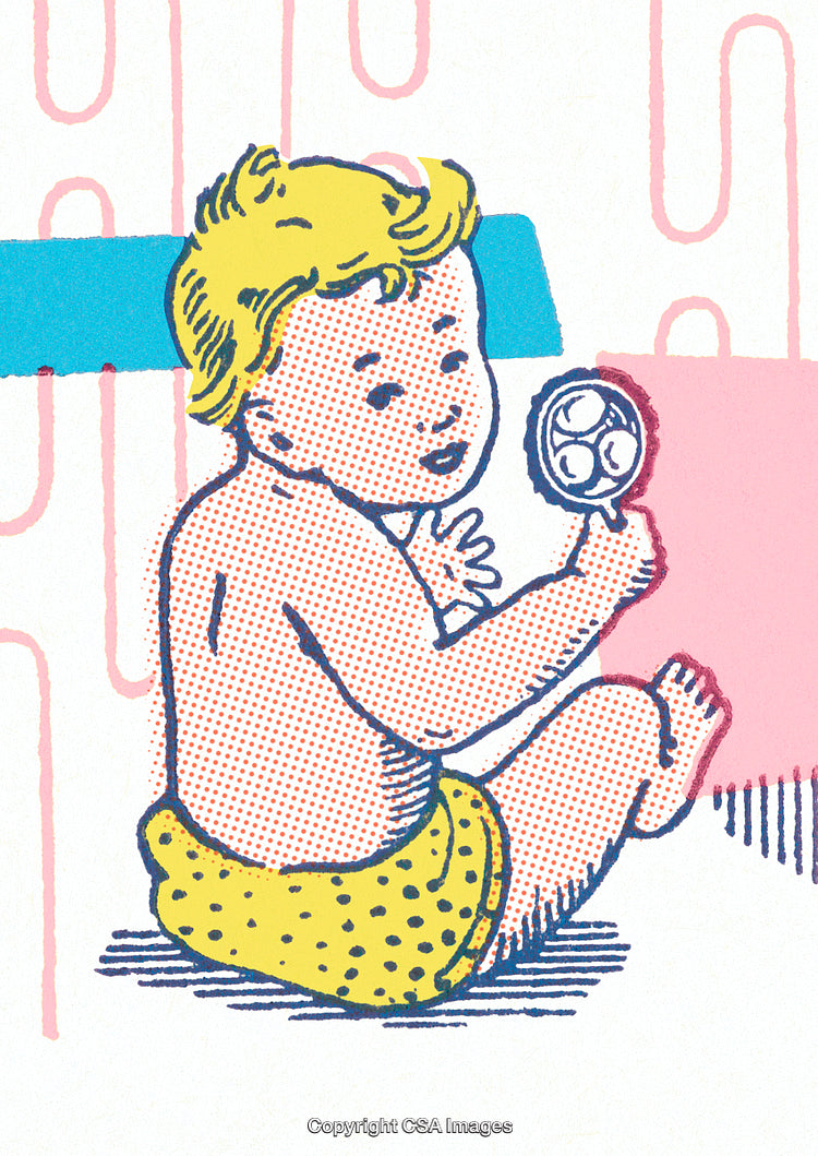 Vintage-Style Illustration of a Baby Playing With a Toy Rattle