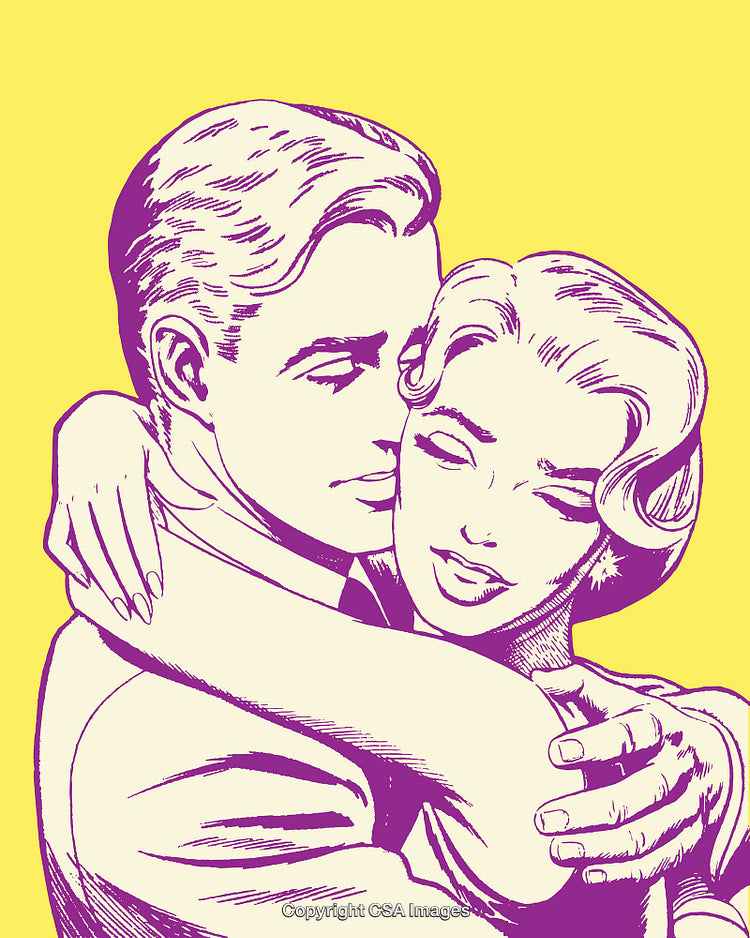 Romantic Couple Hugging in Retro Pop Art Style Illustration