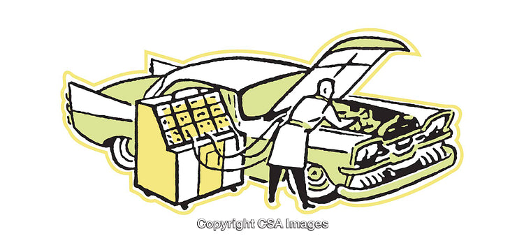 Vintage Illustration of Car Maintenance and Mechanical Repair Tools in Action