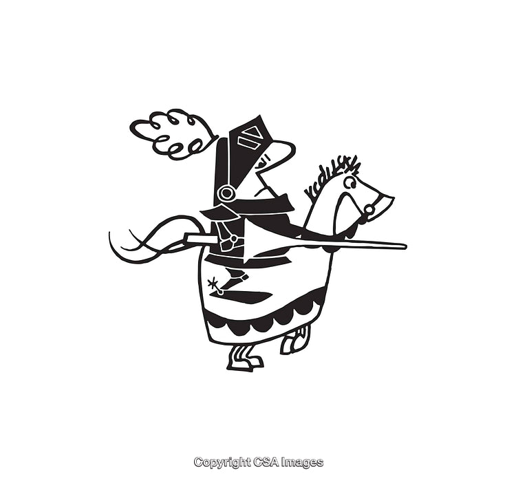 Illustration of a Knight on Horseback in Black and White Line Art