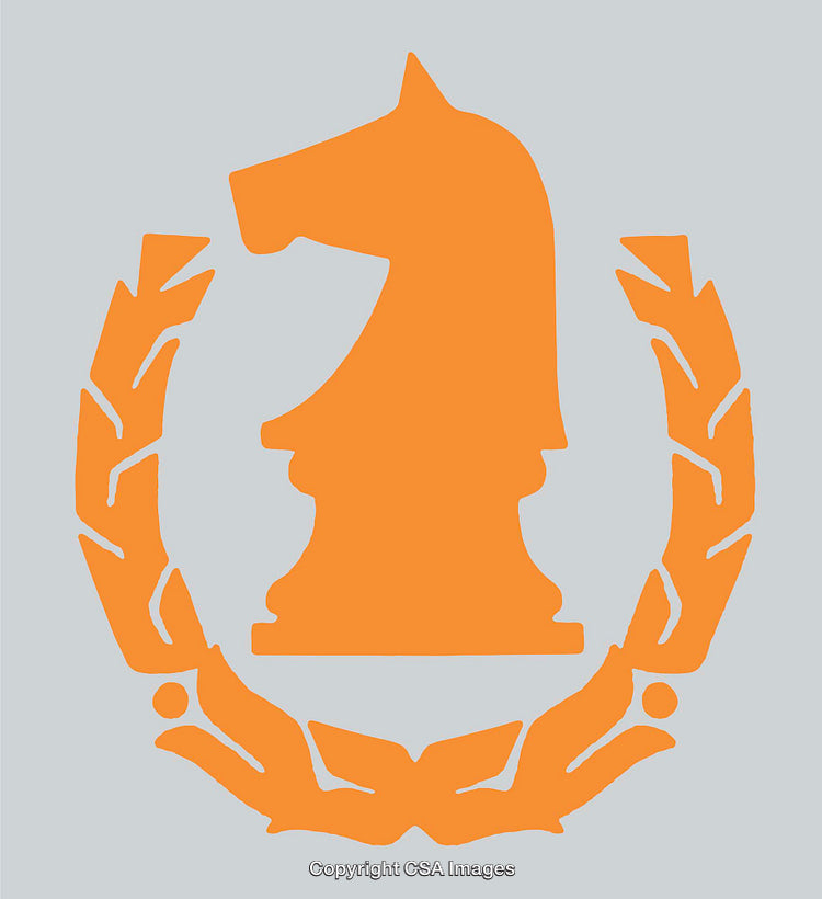 Creative Orange Chess Knight Within Laurels on Gray Background