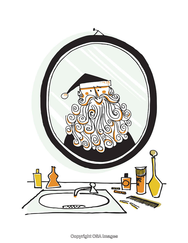 Illustrated Santa Reflection in Stylish Oval Mirror With Grooming Items