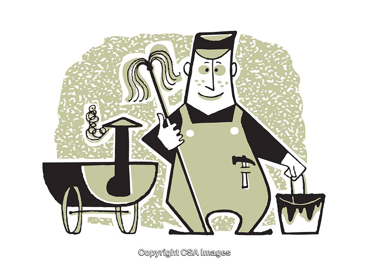 Cartoon Janitor with Mop, Bucket, and Cleaning Equipment in a Snappy Style