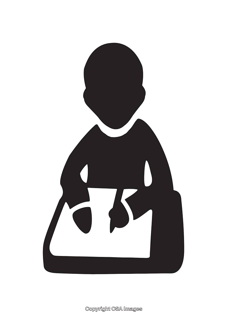 Black and White Icon of Person Writing on a Tablet