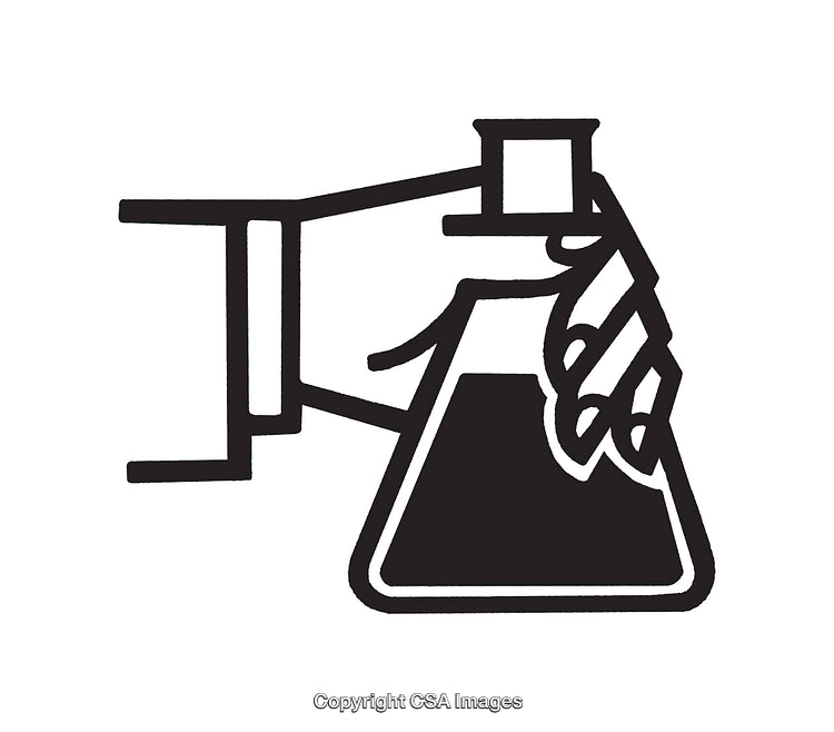 Hand Holding Laboratory Flask in Black and White Line Art Illustration