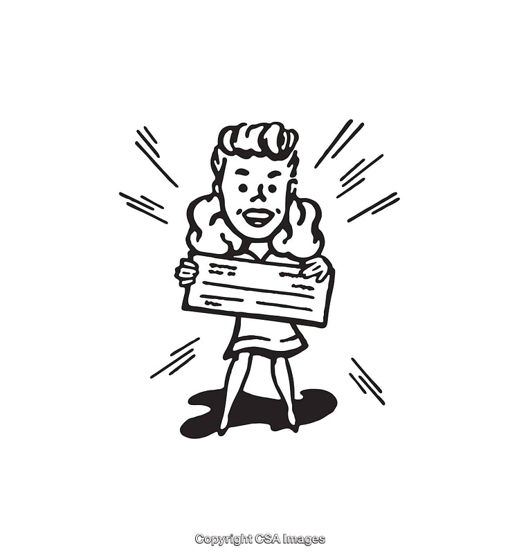 Excited Woman Presenting a Large Check in Vintage Line Art Style