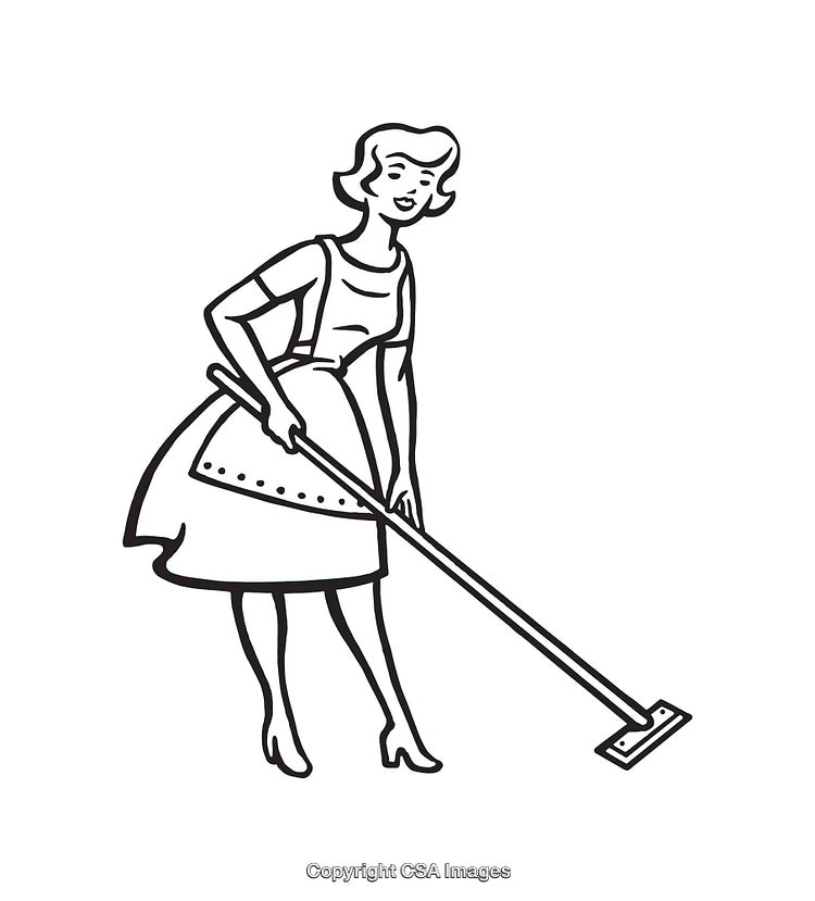 Retro Line Art Illustration of a Woman Cleaning with a Mop