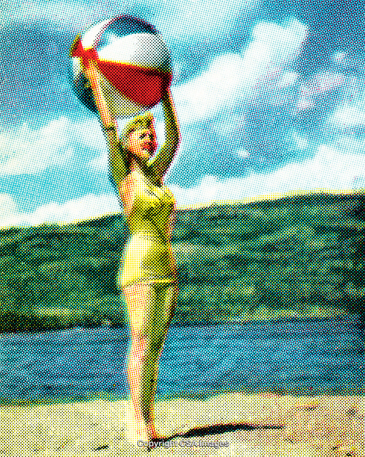 Retro Halftone Woman at Beach Holding a Vibrant Inflatable Ball