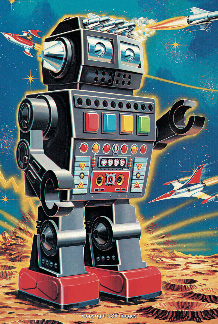 Retro Robot Toy with Space Background and Flying Rockets Illustration